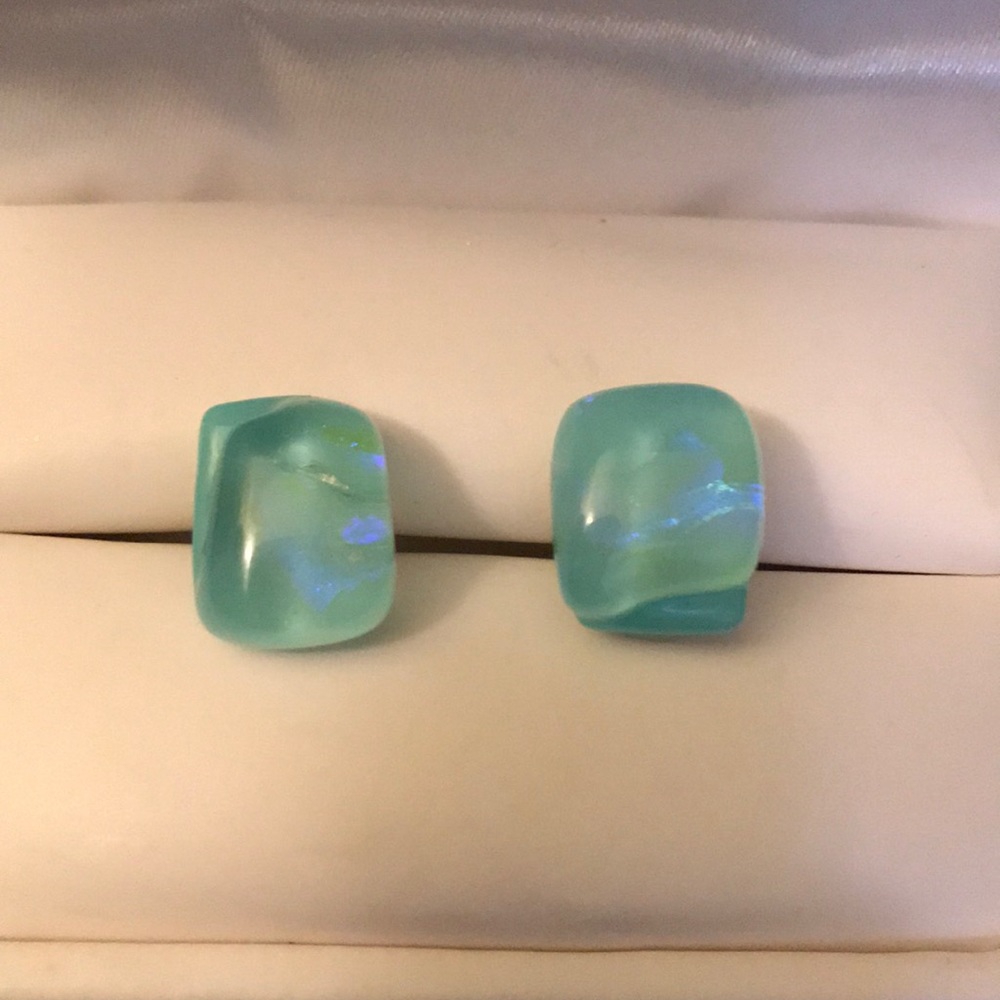 Blue stone emerald shape post earrings